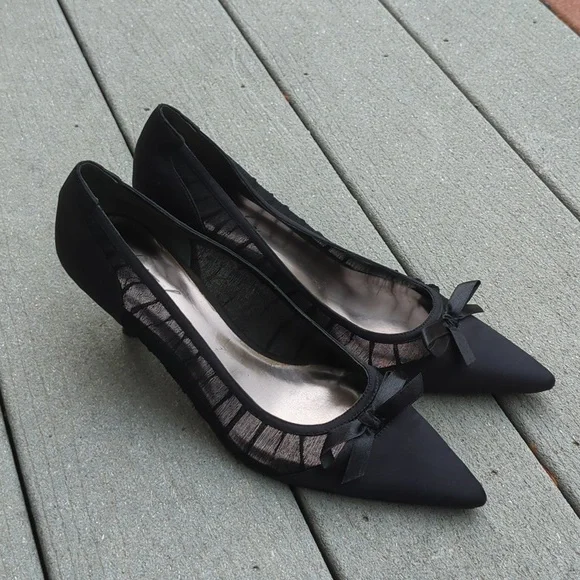 Metaphor Satin and Mesh Pointed Toe Heels with Bow - Picture 1 of 12